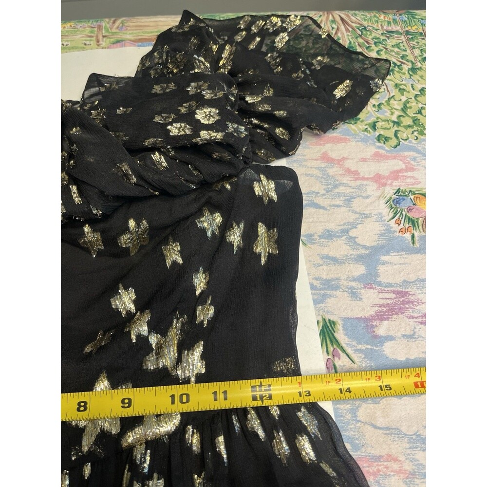LoveShackFancy Black Silk Gold Metallic Star Maxi Off Shoulder Chiffon Dress 2 - Picture 12 of 16